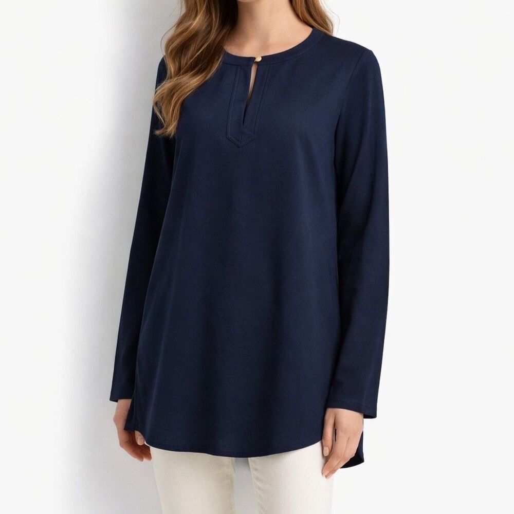Lauren Ralph Lauren Navy Blue Georgette Blouse L Large Keyhole Tunic Work Top